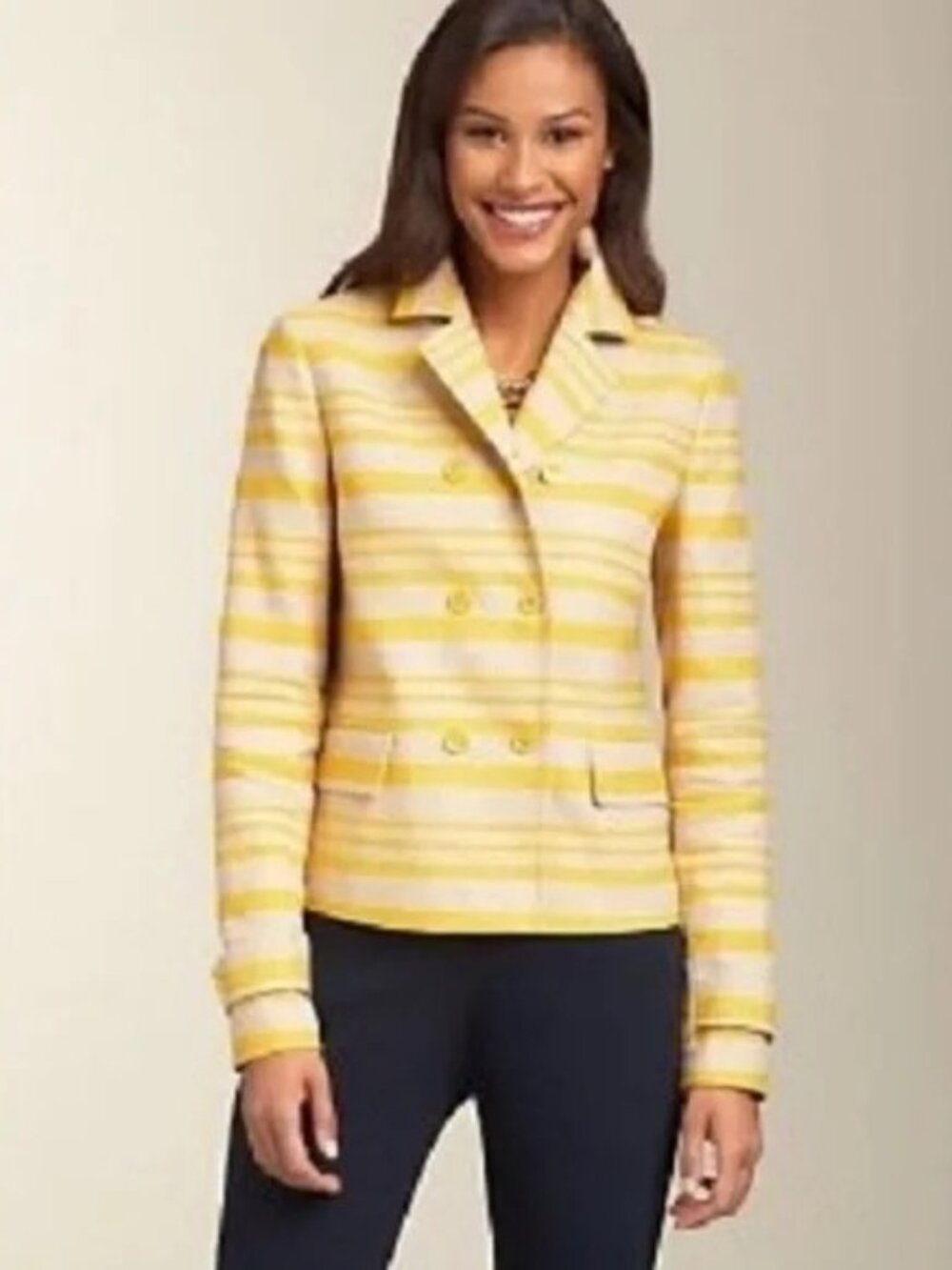 Talbots 36% Linen Mustard Yellow Stripe Double Breasted Blazer Jacket Sz 4
